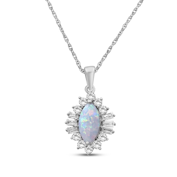 Marquise-Cut Lab-Created Opal & White Lab-Created Sapphire Starburst Halo Necklace Sterling Silver 18"