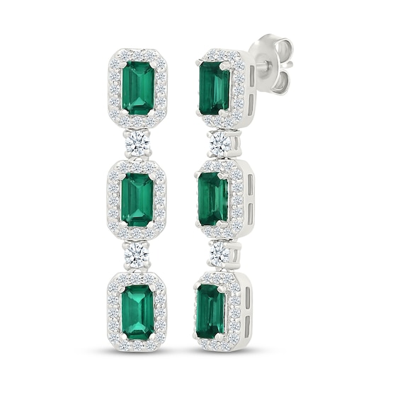 Emerald-Cut Lab-Created Emerald & White Lab-Created Sapphire Drop Earrings Sterling Silver