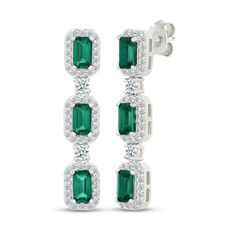 Main Image 1 of Emerald-Cut Lab-Created Emerald & White Lab-Created Sapphire Drop Earrings Sterling Silver