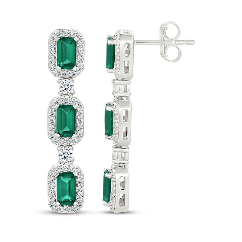 Main Image 3 of Emerald-Cut Lab-Created Emerald & White Lab-Created Sapphire Drop Earrings Sterling Silver