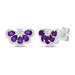 Pear-Shaped Amethyst & White Lab-Created Sapphire Fan Stud Earrings Sterling Silver