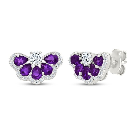 Pear-Shaped Amethyst & White Lab-Created Sapphire Fan Stud Earrings Sterling Silver