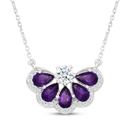 Pear-Shaped Amethyst & White Lab-Created Sapphire Fan Necklace Sterling Silver 18"