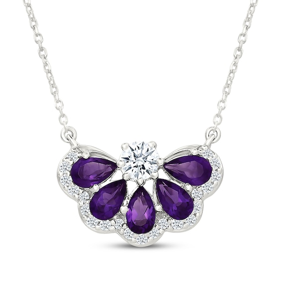 Pear-Shaped Amethyst & White Lab-Created Sapphire Fan Necklace Sterling Silver 18"
