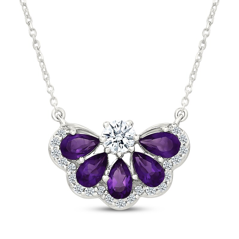 Main Image 1 of Pear-Shaped Amethyst & White Lab-Created Sapphire Fan Necklace Sterling Silver 18"