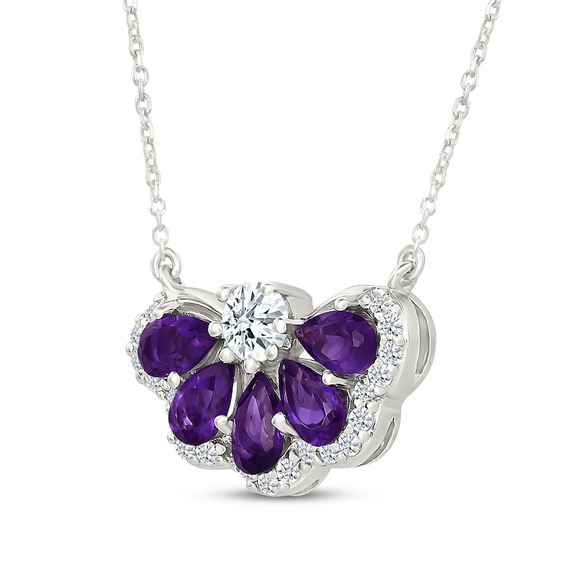 Main Image 2 of Pear-Shaped Amethyst & White Lab-Created Sapphire Fan Necklace Sterling Silver 18"