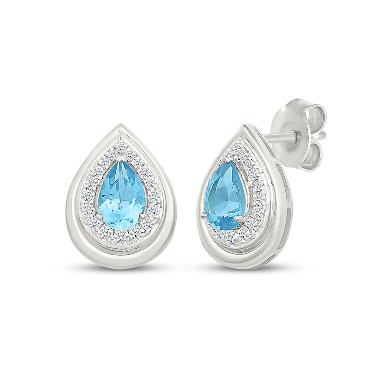 Main Image 1 of Pear-Shaped Swiss Blue Topaz & White Lab-Created Sapphire Halo Stud Earrings Sterling Silver