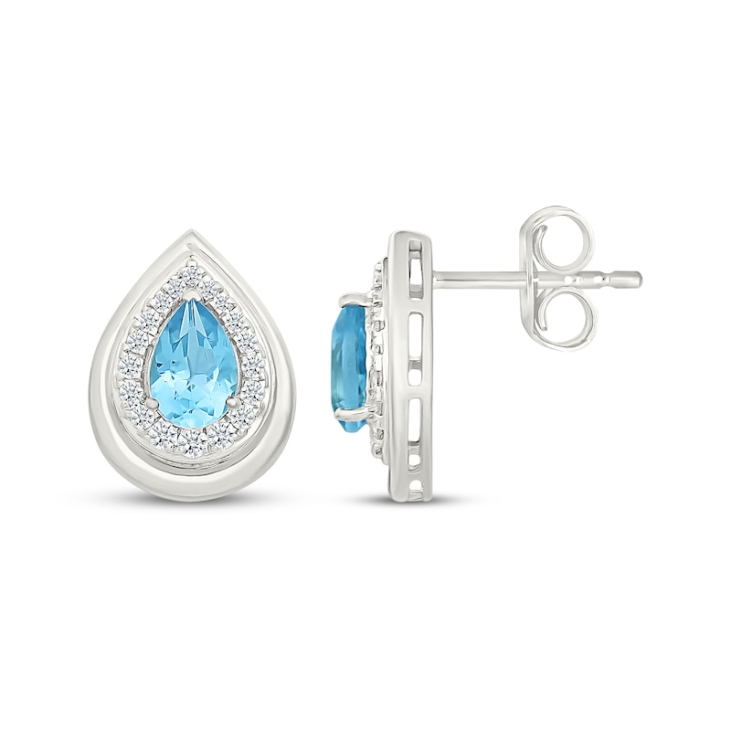 Main Image 3 of Pear-Shaped Swiss Blue Topaz & White Lab-Created Sapphire Halo Stud Earrings Sterling Silver