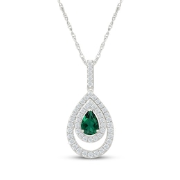 Pear-Shaped Lab-Created Emerald & White Lab-Created Sapphire Teardrop Necklace Sterling Silver 18"