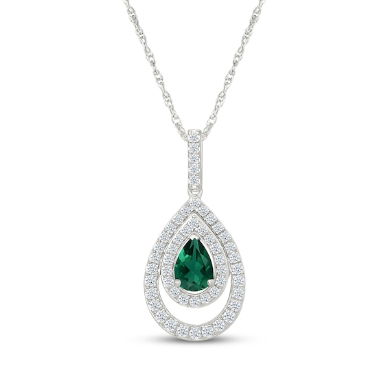 Pear-Shaped Lab-Created Emerald & White Lab-Created Sapphire Teardrop Necklace Sterling Silver 18"