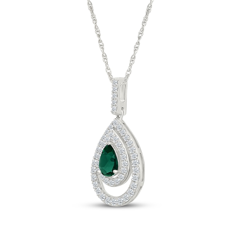 Main Image 2 of Pear-Shaped Lab-Created Emerald & White Lab-Created Sapphire Teardrop Necklace Sterling Silver 18"