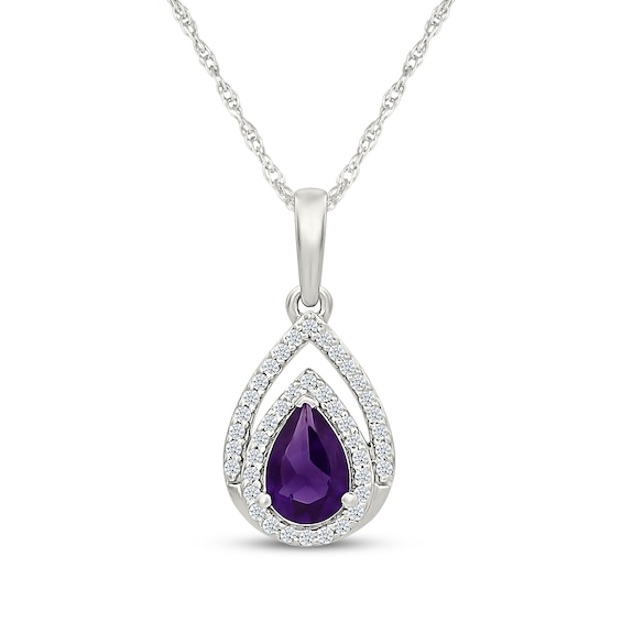 Pear-Shaped Amethyst & Diamond Halo Teardrop Necklace 1/15 ct tw Sterling Silver 18"