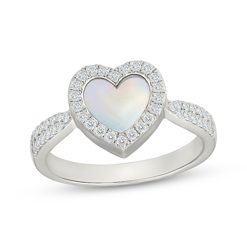 Main Image 1 of Heart-Shaped White Mother-of-Pearl & White Lab-Created Sapphire Ring Sterling Silver