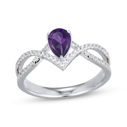 Pear-Shaped Amethyst & White Lab-Created Sapphire Ring Sterling Silver