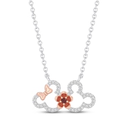 Disney Treasures Mickey & Minnie Mouse Garnet & Diamond Necklace 1/10 ct tw Sterling Silver & 10K Rose Gold 18"