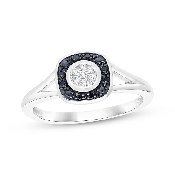 Black & White Multi-Diamond Cushion Halo Promise Ring 1/10 ct tw Sterling Silver