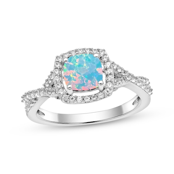 Cushion-Cut Lab-Created Opal & White Lab-Created Sapphire Halo Ring Sterling Silver