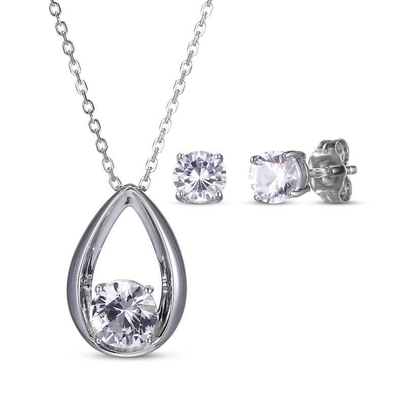 Main Image 1 of Round-Cut White Lab-Created Sapphire Necklace & Stud Earrings Gift Set Sterling Silver 18"