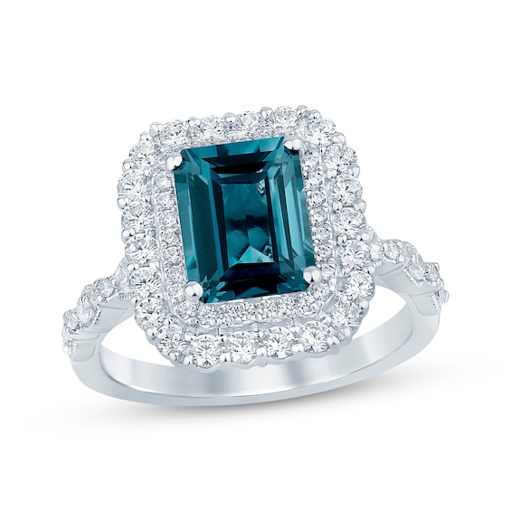 Emerald-Cut London Blue Topaz & Diamond Engagement Ring 7/8 ct tw 14K White Gold