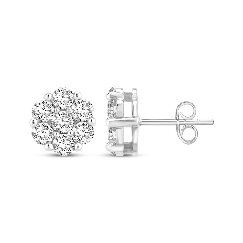 Main Image 1 of Multi-Diamond Flower Stud Earrings 1 ct tw 10K White Gold