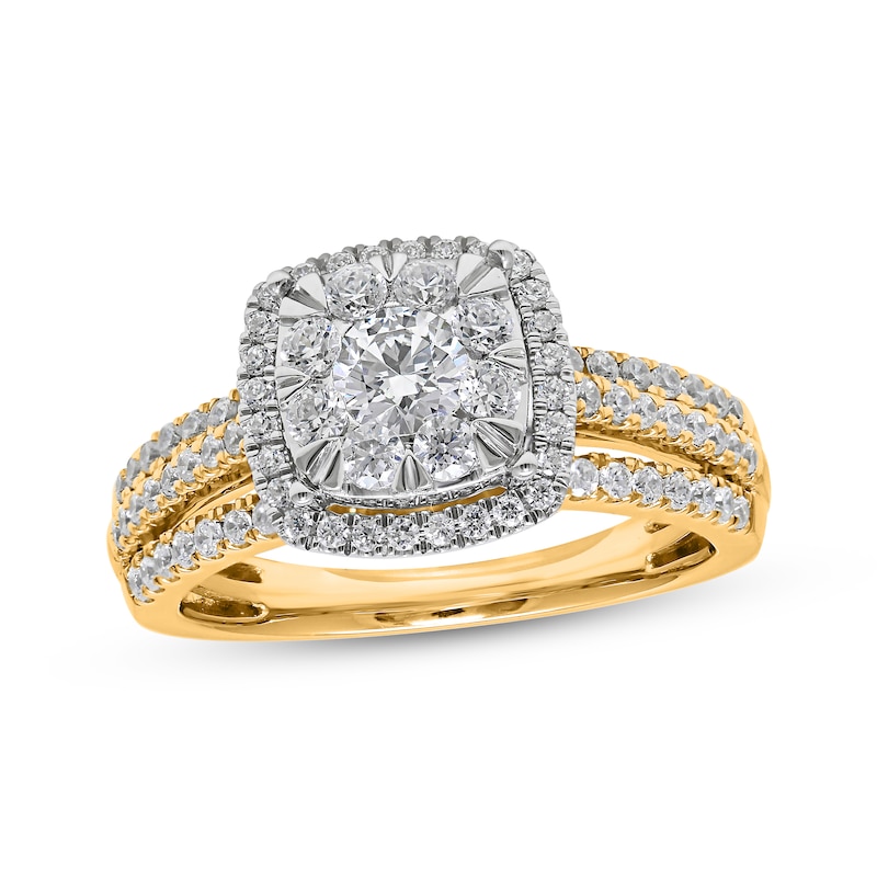 Multi-Diamond Center Cushion Frame Engagement Ring 1 ct tw 14K Yellow Gold