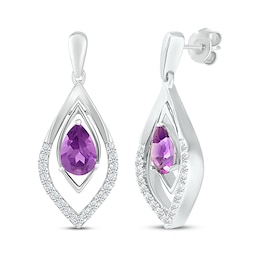 Pear-Shaped Amethyst & White Lab-Created Sapphire Marquise Frame Drop Earrings Sterling Silver