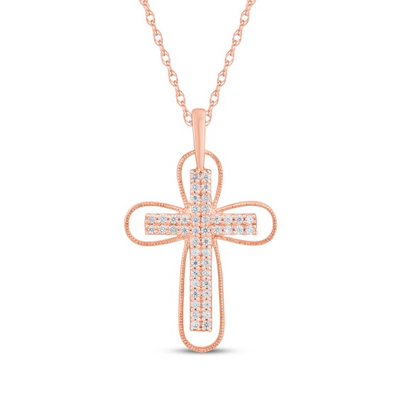 Diamond Cross & Milgrain Frame Necklace 1/4 ct tw 10K Rose Gold 18"