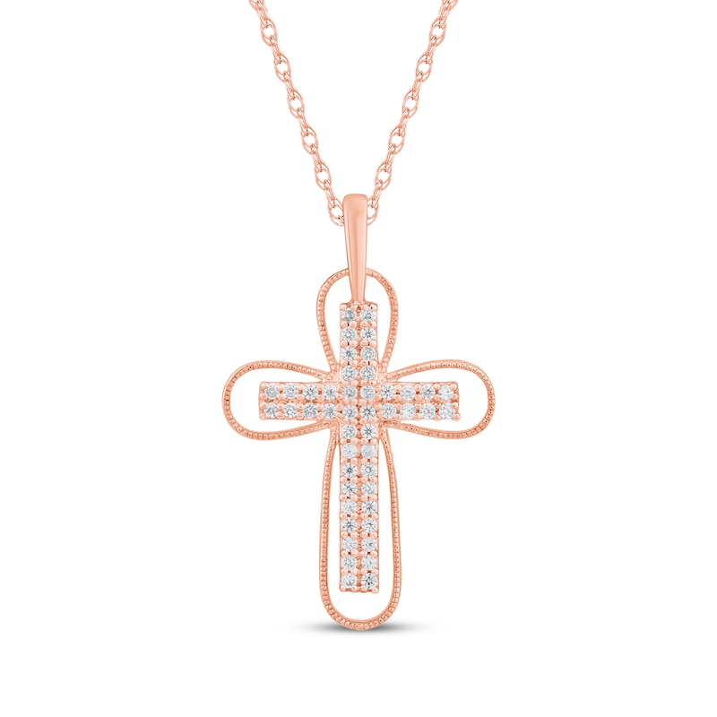 Main Image 1 of Diamond Cross & Milgrain Frame Necklace 1/4 ct tw 10K Rose Gold 18"