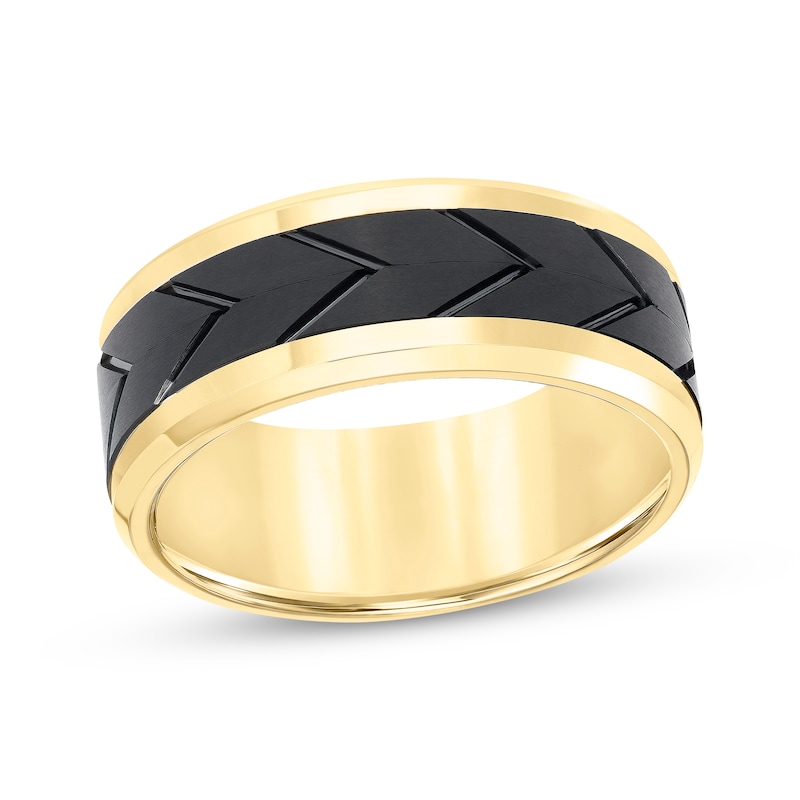 Tired Tread Pattern Wedding Band Yellow & Black Tungsten Carbide 8mm