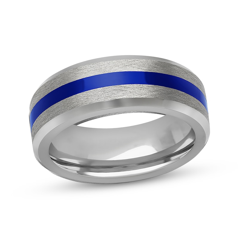 Blue Ceramic Stripe Wedding Band Tungsten Carbide 8mm