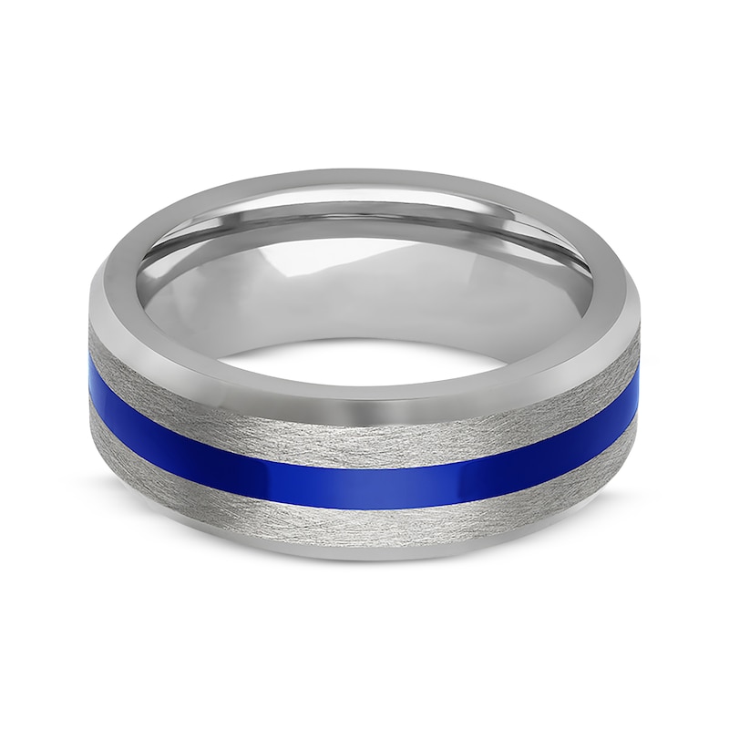 Blue Ceramic Stripe Wedding Band Tungsten Carbide 8mm