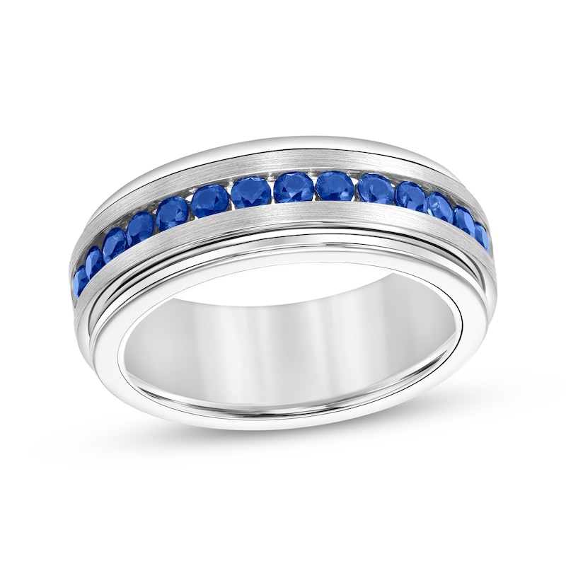 Natural Blue Sapphire Wedding Band Tungsten Carbide & Sterling Silver 8mm