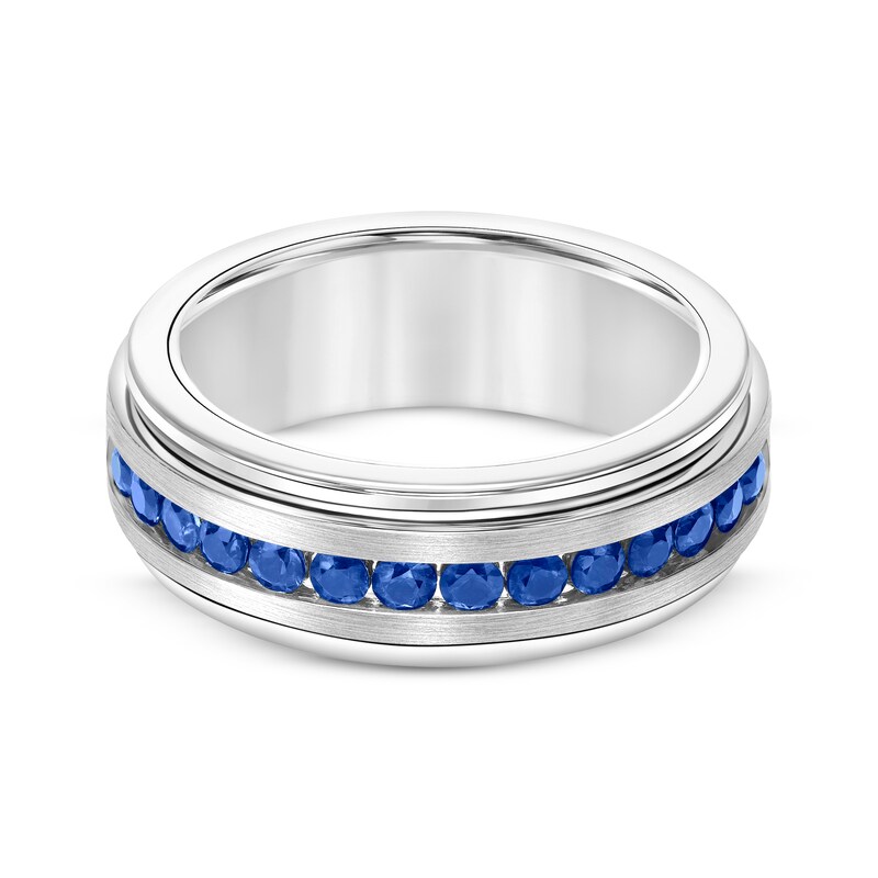 Natural Blue Sapphire Wedding Band Tungsten Carbide & Sterling Silver 8mm