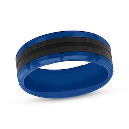 Brick-Edge Wedding Band Black & Blue Ion-Plated Stainless Steel 8mm