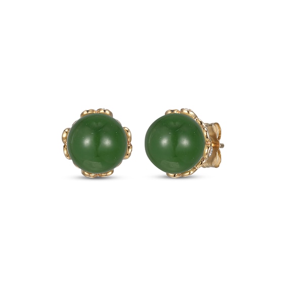 Round Nephrite Jade & Diamond Flower Stud Earrings 1/8 ct tw 14K Yellow Gold