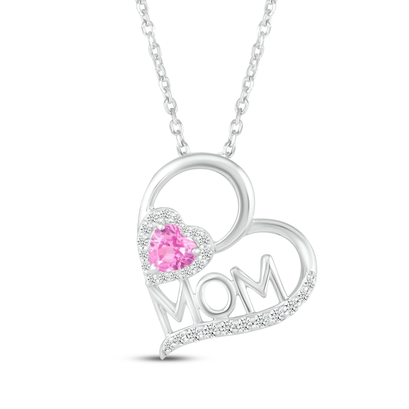 Main Image 1 of Heart-Shaped Pink Lab-Created Sapphire & White Lab-Created Sapphire &quot;Mom&quot; Heart Necklace Sterling Silver 18&quot;
