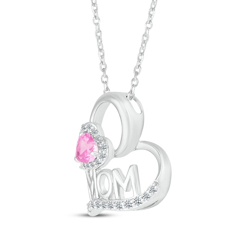 Main Image 2 of Heart-Shaped Pink Lab-Created Sapphire & White Lab-Created Sapphire &quot;Mom&quot; Heart Necklace Sterling Silver 18&quot;
