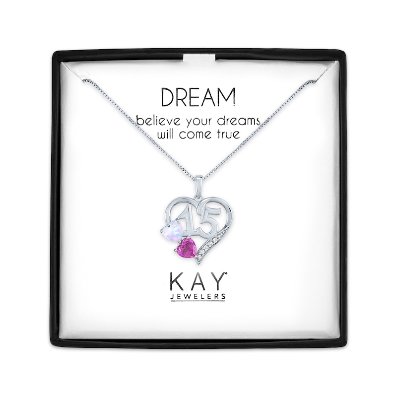 Main Image 1 of Heart-Shaped Lab-Created Opal, White & Pink Lab-Created Sapphire "15" Heart Necklace Sterling Silver 18"