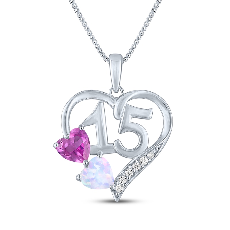 Main Image 2 of Heart-Shaped Lab-Created Opal, White & Pink Lab-Created Sapphire "15" Heart Necklace Sterling Silver 18"
