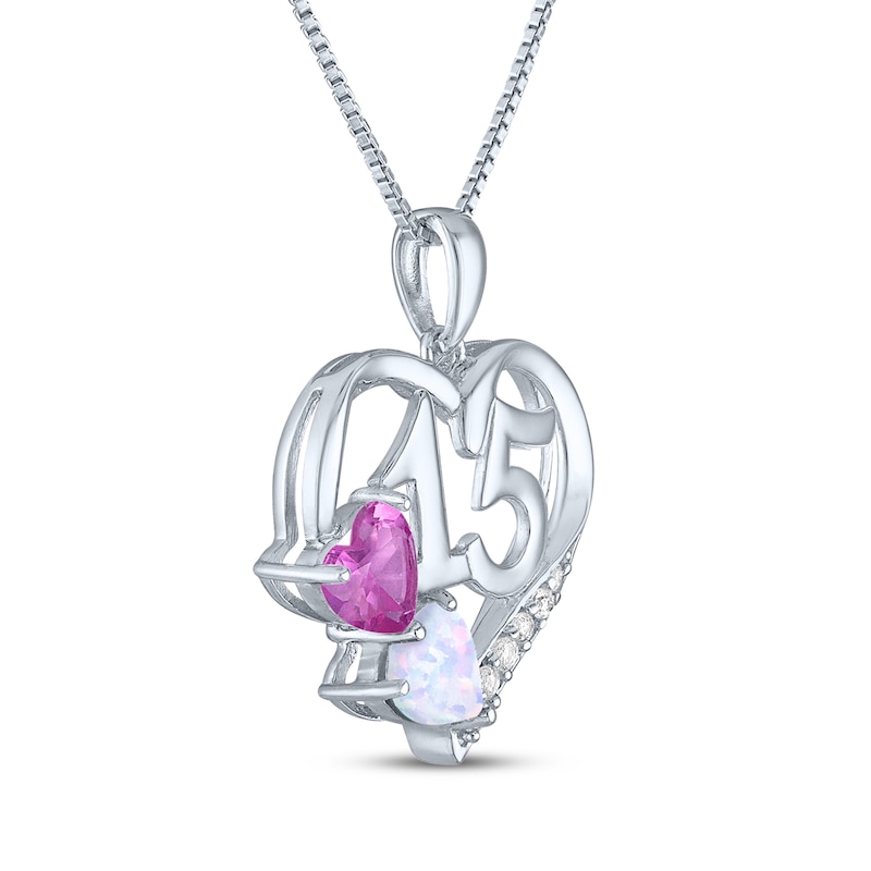 Main Image 3 of Heart-Shaped Lab-Created Opal, White & Pink Lab-Created Sapphire "15" Heart Necklace Sterling Silver 18"