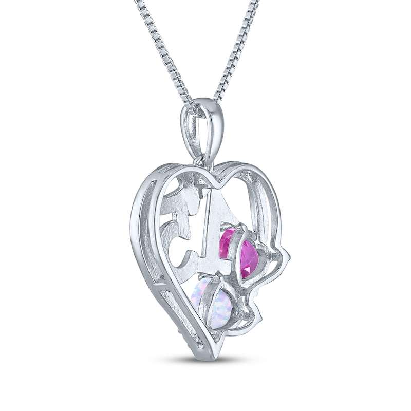 Main Image 4 of Heart-Shaped Lab-Created Opal, White & Pink Lab-Created Sapphire "15" Heart Necklace Sterling Silver 18"