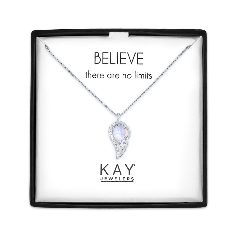 Main Image 1 of Pear-Shaped Lab-Created Opal & White Lab-Created Sapphire Angel Wing Drop Necklace Sterling Silver 18"