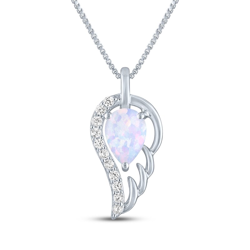 Main Image 2 of Pear-Shaped Lab-Created Opal & White Lab-Created Sapphire Angel Wing Drop Necklace Sterling Silver 18"