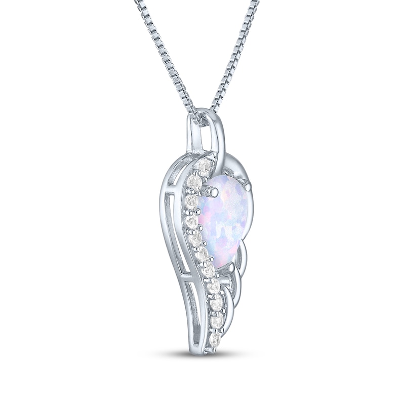 Main Image 3 of Pear-Shaped Lab-Created Opal & White Lab-Created Sapphire Angel Wing Drop Necklace Sterling Silver 18"