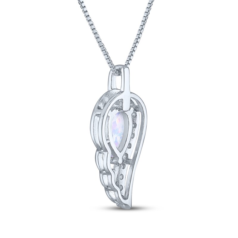 Main Image 4 of Pear-Shaped Lab-Created Opal & White Lab-Created Sapphire Angel Wing Drop Necklace Sterling Silver 18"