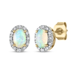 Oval-Cut Natural Opal & Diamond Stud Earrings 1/10 ct tw 14K Yellow Gold