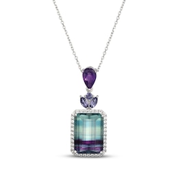 Emerald-Cut Fluorite, Iolite, Amethyst & White Lab-Created Sapphire Necklace Sterling Silver 18"