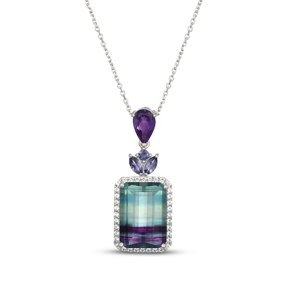 Emerald-Cut Fluorite, Iolite, Amethyst & White Lab-Created Sapphire Necklace Sterling Silver 18"