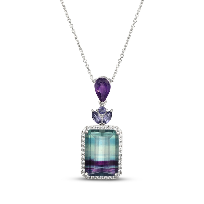 Main Image 1 of Emerald-Cut Fluorite, Iolite, Amethyst & White Lab-Created Sapphire Necklace Sterling Silver 18"