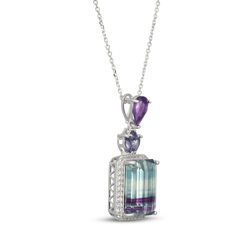 Main Image 2 of Emerald-Cut Fluorite, Iolite, Amethyst & White Lab-Created Sapphire Necklace Sterling Silver 18"